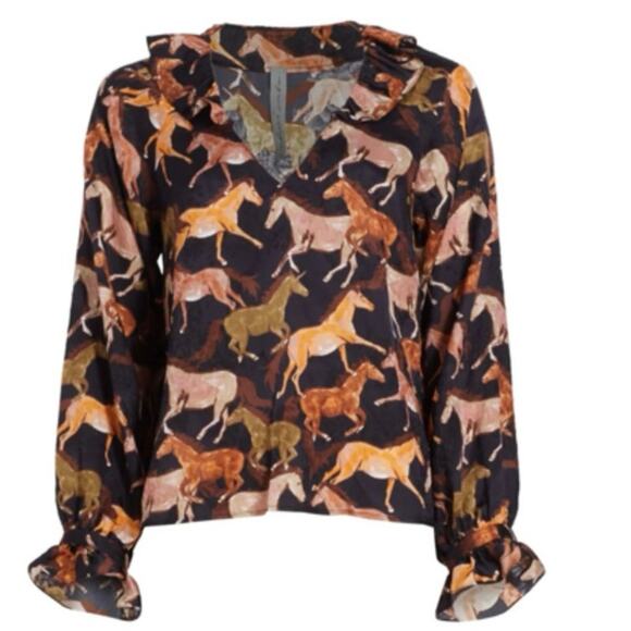 Raquel Allegra DOLLY SATIN BLOUSE IN HORSES PRINT Size 2/Large - Picture 1 of 12